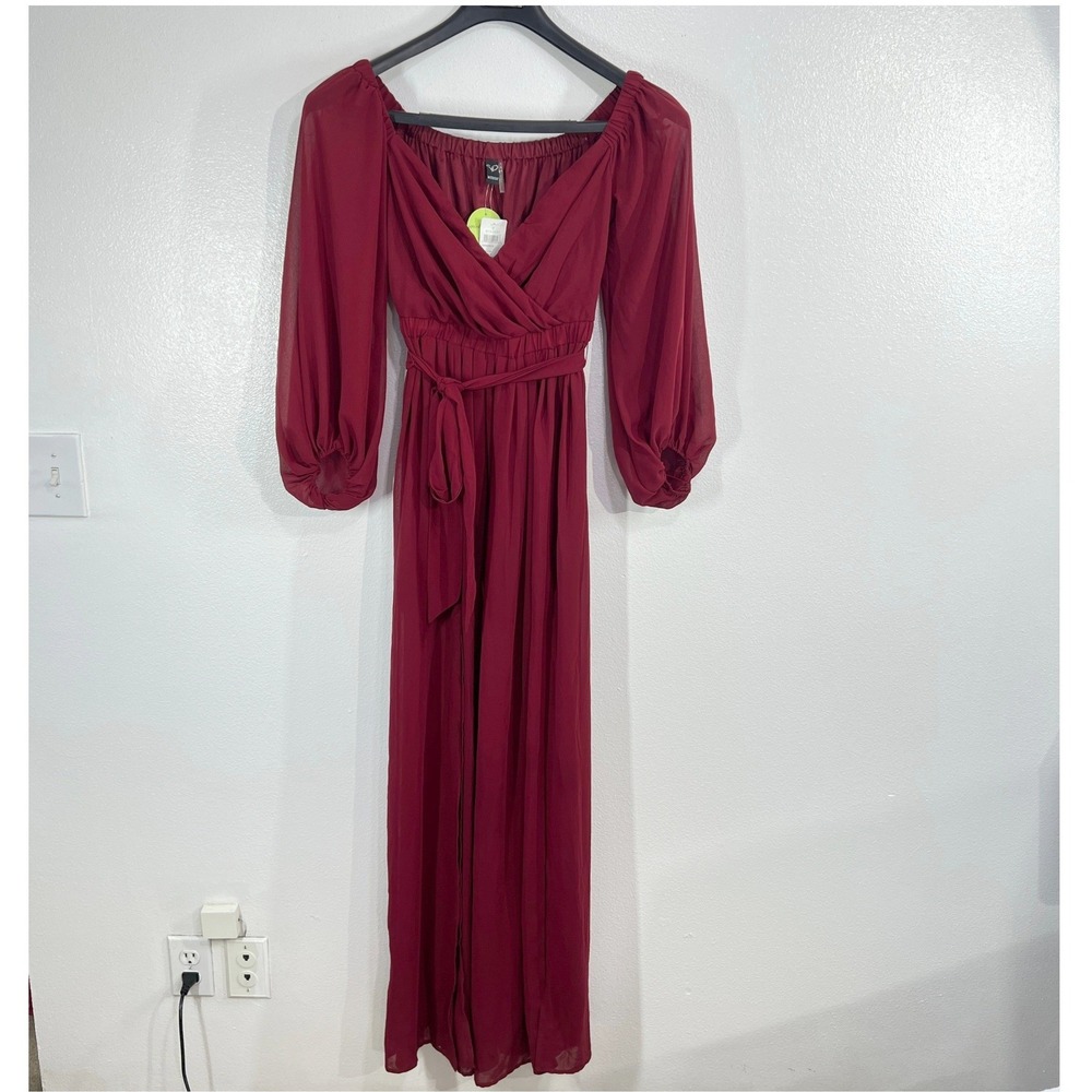 Windsor Everleigh Maxi Dress Burgundy Chiffon Off Shoulder formal Prom Small NWT